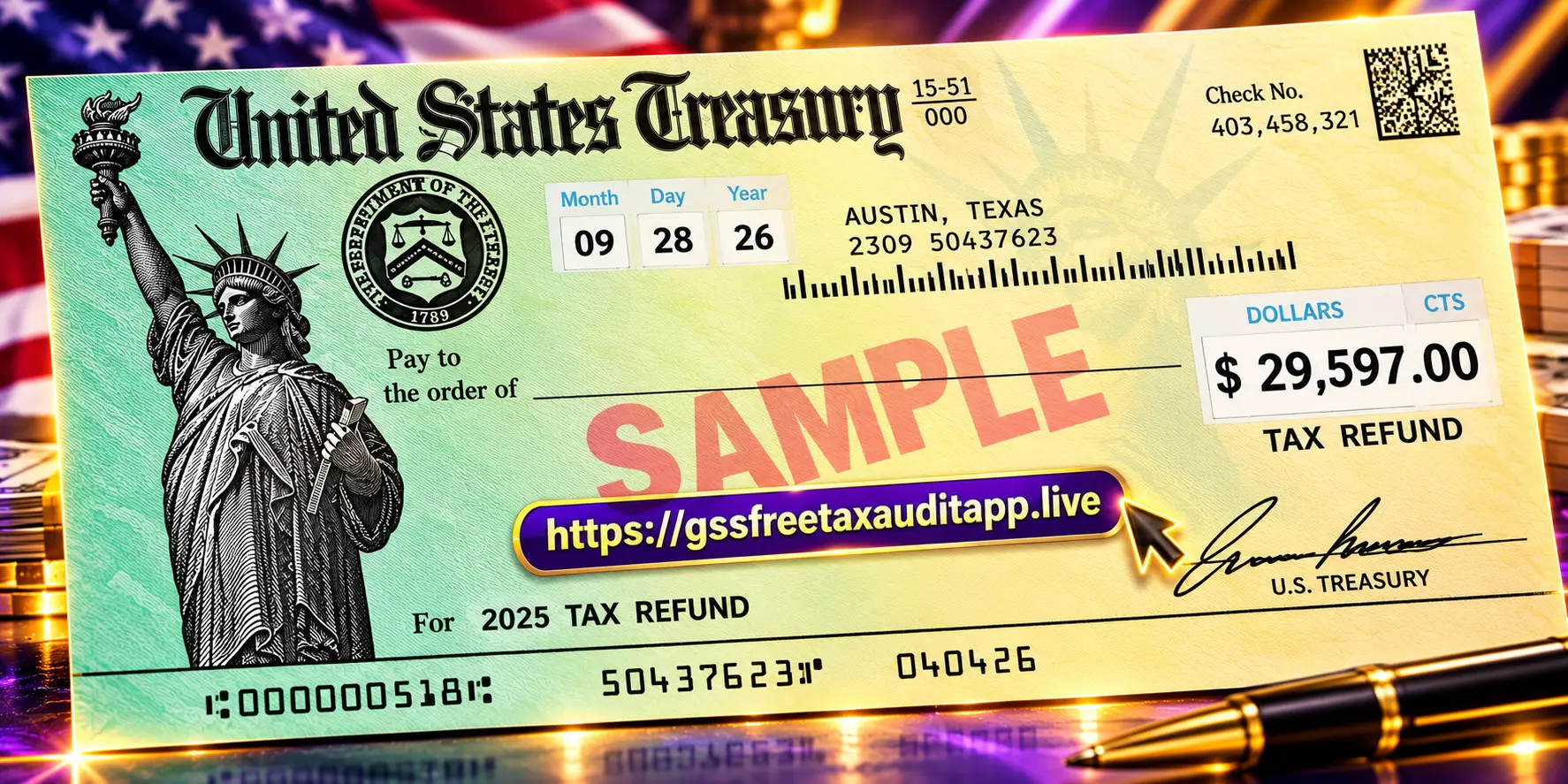 Sample illustration of a U.S. Treasury tax refund check — for example purposes only